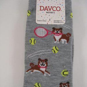NWT DAVCO Women's Bulldog w/Tennis Racquet & Ball Crew Socks Light Grey Heather